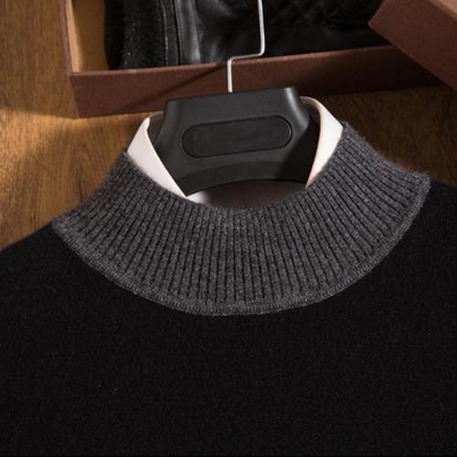 冬季青年羊绒衫男纯羊绒半高领针织衫中领嵌花套头毛衣男打底衫 - 图2