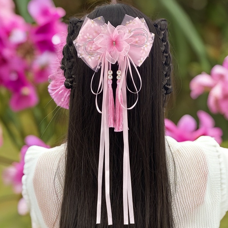 女童头发马尾后脑勺发夹大蝴蝶结飘带发夹汉服民族风发饰表演头花,淘宝优惠券,粉丝福利购,淘宝优惠卷