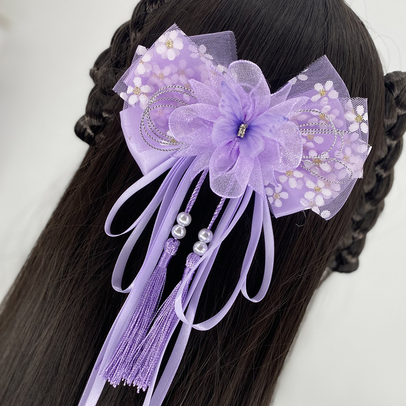 女童头发马尾后脑勺发夹大蝴蝶结飘带发夹汉服民族风发饰表演头花,淘宝优惠券,粉丝福利购,淘宝优惠卷