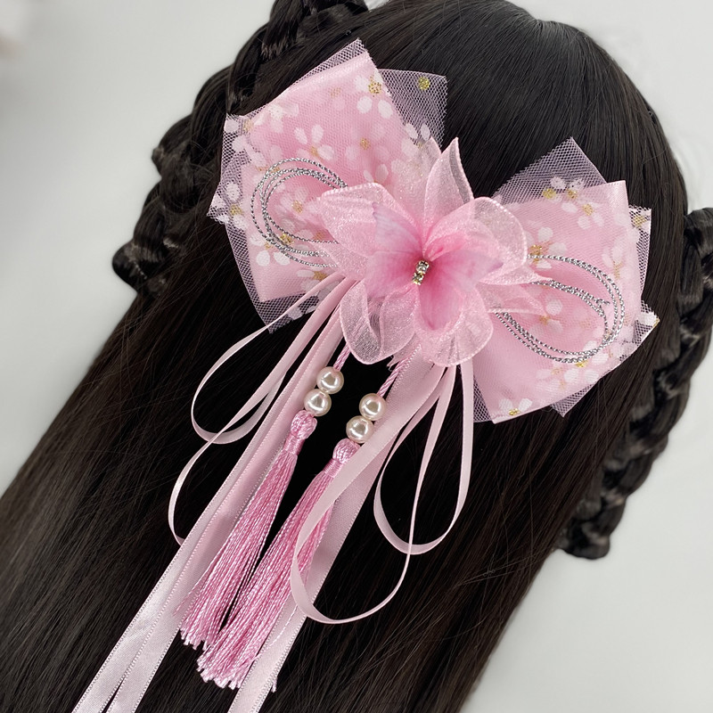 女童头发马尾后脑勺发夹大蝴蝶结飘带发夹汉服民族风发饰表演头花,淘宝优惠券,粉丝福利购,淘宝优惠卷