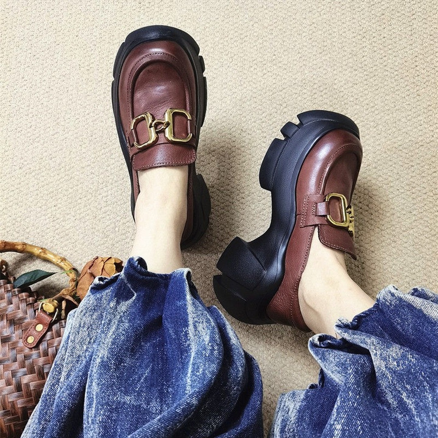 大头厚底乐福鞋女丑萌复古增高单鞋真皮一脚蹬女鞋松糕英伦小皮鞋,淘宝优惠券,粉丝福利购,淘宝优惠卷