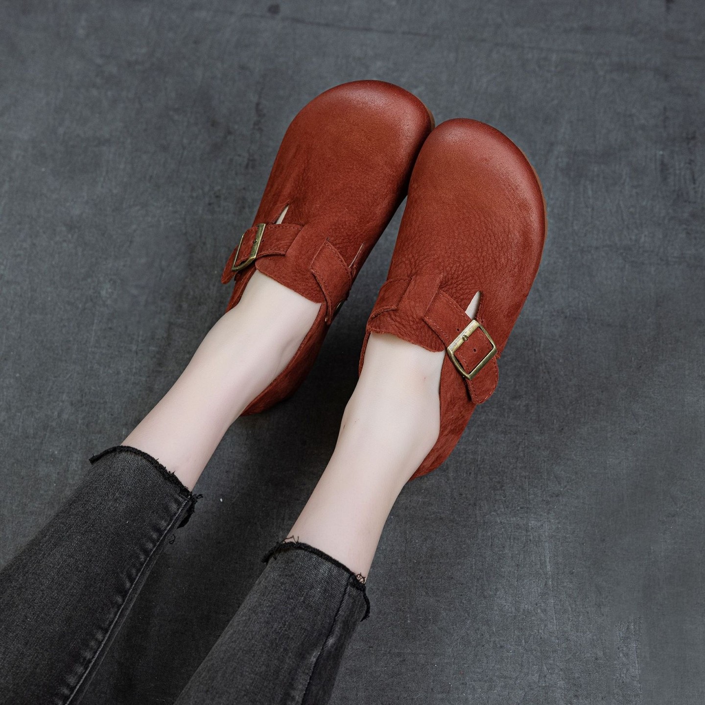 手工真皮单鞋女新款复古文艺平跟软底加绒勃肯鞋简约低帮红色棉鞋,淘宝优惠券,粉丝福利购,淘宝优惠卷