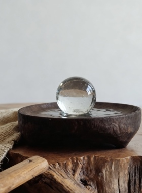 侘寂中古风格紫色消磁水晶帘洞水晶球底座纯实木托盘木质摆件装饰