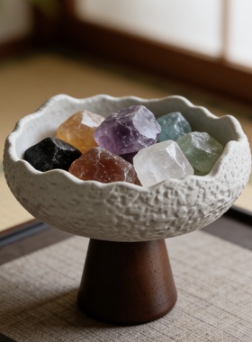 侘寂风中式高脚陶瓷水晶球石头托盘高颜值实木桌面装饰品玄关摆设