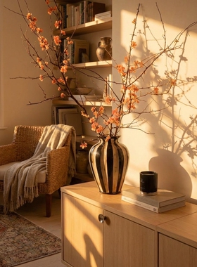 法式复古陶瓷条纹花瓶摆件客厅插花装饰高级感水培花器玄关电视柜