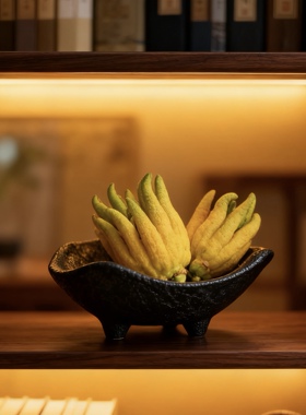中式黑色放佛手柑的托盘盘子陶瓷底座花瓶专用器皿果盘装饰摆放小