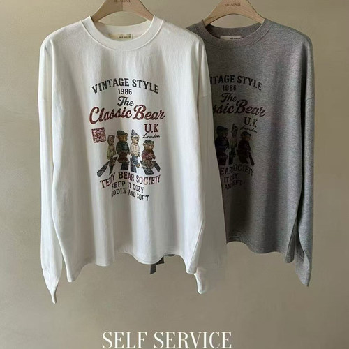 现韩国东大门代购self service2025秋冬百搭减龄字母小熊长袖T恤 - 图1