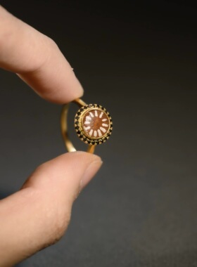 精致小众复古董古法镶钻玛瑙天眼珠戒指18K黄金镶嵌高级感饰品女