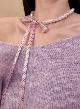 HEY TAO法式复古咖色波点丝带珍珠项链女款小香风气质颈链锁骨链