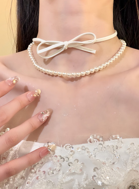 HEY TAO甜美复古蝴蝶结珍珠项链双层叠戴锁骨链choker颈链配饰女
