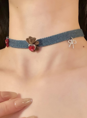 HEY TAO甜酷爱心丝绒小熊choker项链女复古牛仔布艺颈链配饰项圈