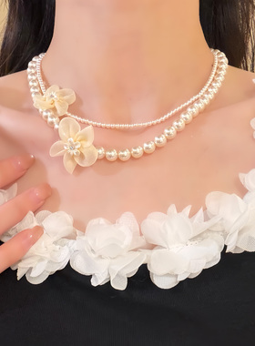HEY TAO赫本小香风花朵珍珠项链法式复古精致配饰礼服锁骨链颈链