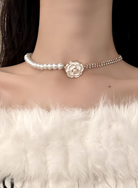 HEY TAO冬日小香风闪钻珍珠山茶花choker项链女轻奢气质颈链配饰