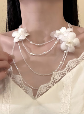 HEY TAO白色多层串珠花朵choker项链温柔气质颈链新娘配饰锁骨链