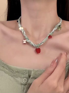 HEY TAO夏季小清新绿色串珠丝巾项链复古少女气质颈链配饰锁骨链