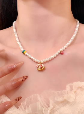 HEY TAO复古少女心彩色木马吊坠珍珠项链轻奢高级感新年配饰颈链