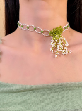 HEY TAO春夏季森系手工串珠花朵项链女度假风气质颈链配饰锁骨链