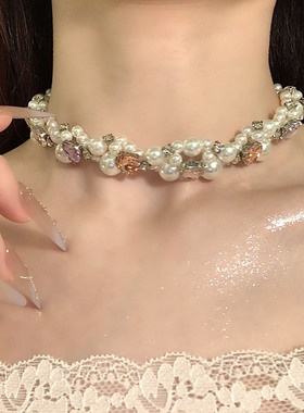HEY TAO彩色水晶爱心珍珠choker气质颈链女高级感项链配饰锁骨链