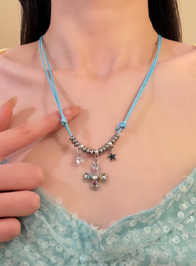 HEY TAO春夏季甜酷爱心十字架皮绳项链小众个性颈链配饰锁骨链女