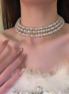 HEY TAO轻奢高级感闪锆珍珠项链夸张大气锁骨链宴会晚礼服配饰女