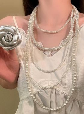 HEY TAO秋冬复古多层珍珠花朵叠戴项链女优雅气质长款毛衣链配饰