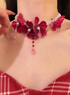 HEY TAO复古红色花朵珍珠choker项链女小众独特设计感锁骨链颈链