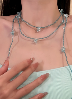 HEY TAO夏日蓝色多层串珠花朵项链长款叠戴颈链海边度假风锁骨链