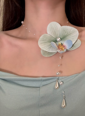 HEY TAO超仙蝴蝶兰珍珠流苏choker项链女春夏海边度假拍照锁骨链