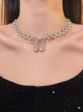 HEY TAO复古金色蝴蝶结珍珠choker项链女独特气质颈链配饰锁骨链