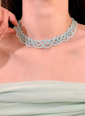 HEY TAO春季百搭蓝色蕾丝串珠choker项链复古宫廷风气质颈链配饰