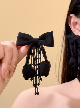 HEY TAO法式复古黑色花朵蝴蝶结流苏项链女优雅气质颈带配饰颈链