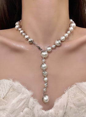 HEY TAO冷淡风金属拼接珍珠项链女ins小众高级感毛衣链配饰锁骨链