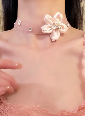 HEY TAO甜美粉色花朵choker项链复古少女气质颈链脖子配饰锁骨链