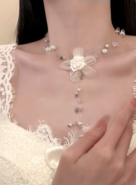 HEY TAO复古白色满天星珍珠花朵项链女小众高级感颈链配饰锁骨链