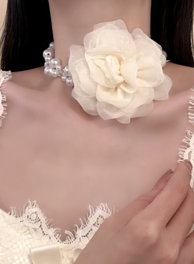 HEY TAO超仙白色花朵珍珠choker项链女复古气质新娘礼服配饰颈链