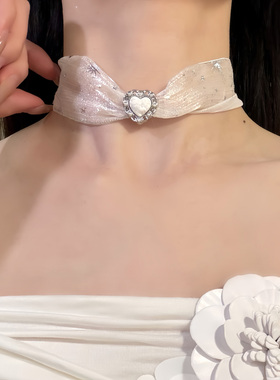 HEY TAO复古白色爱心薄纱choker项链小众设计气质颈链脖子配饰女