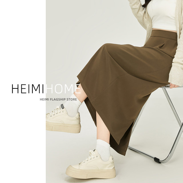 Mid-length hip-covered skirt A-line slit wool skirt
