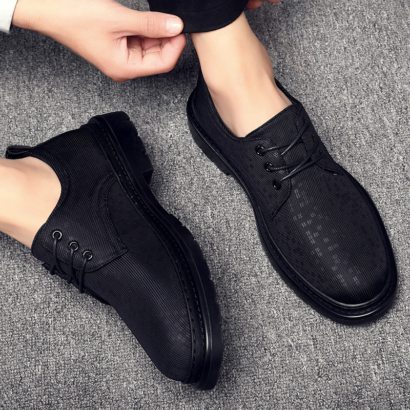 透气鞋夏天新款黑色商务休闲鞋经典薄款轻便防臭网鞋男系带帆布鞋 - 图1