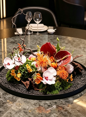 高端酒店餐厅转盘中间装饰餐桌花摆花微缩景观摆台大圆桌转盘摆件