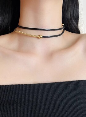 赫本风时尚牛皮绳拼接蛇骨链choker项链设计感项圈女颈带脖子配饰