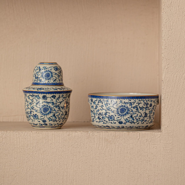 Ru kiln ເຕົາຊາອຸ່ນສີຟ້າແລະສີຂາວເຕົາທຽນເພື່ອແຕ່ງກິນຊາປະມານເຕົາ