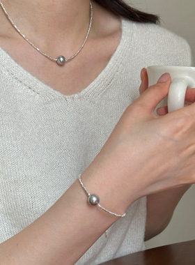925纯银施家灰色珍珠项链女简约时尚百搭不规则碎银子毛衣链