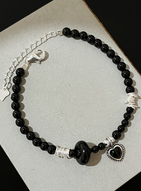 月光女神 925纯银黑玛瑙爱心银圈手链女手工穿制设计平安扣心形手