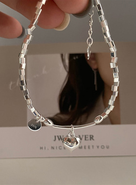 月月光女神 s925纯银方块碎银子爱心手链女小众高级感几何手饰