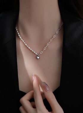 月月光女神 925纯银淡水珍珠爱心项链女小众设计不对称拼接锁骨链