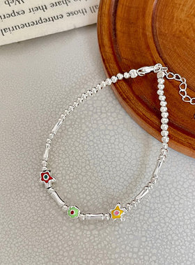 月光女神 925纯银可爱彩色花朵手链银珠竹节手工串珠手饰夏季新款