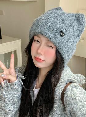 日系猫耳甜美可爱包头帽秋冬季帽子女大头围显脸小百搭针织毛线帽