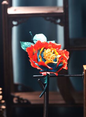国风牡丹仙子檀木蚕丝绒花发簪