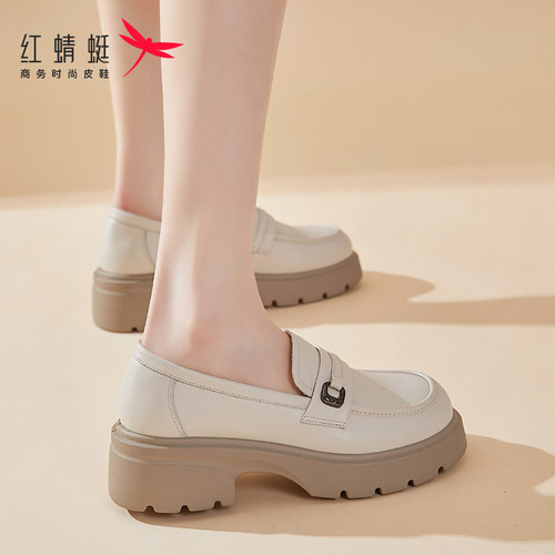 红蜻蜓乐福鞋女秋季新款时尚百搭一脚蹬日系风女豆豆鞋粗跟增高鞋 - 图0