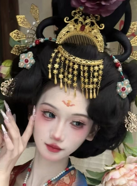 复原风古风唐风金梳帘流苏额饰发簪发冠套装额饰后压配饰汉服发饰